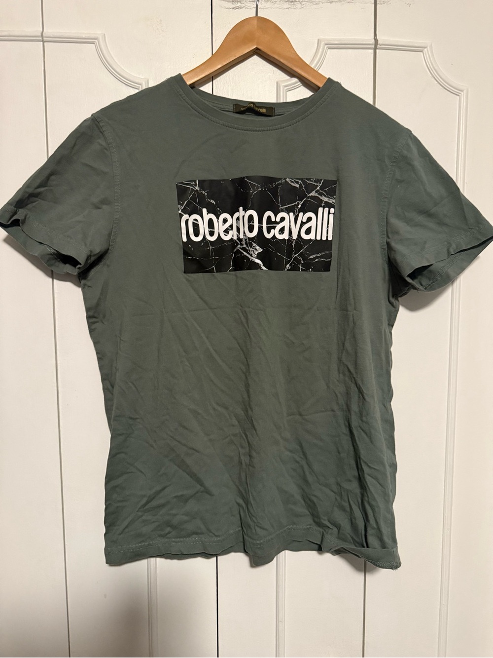 Roberto Cavalli Men's Olive Green Logo Crew Tee